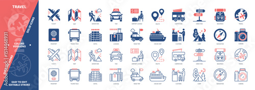 Travel icon set. Camera, Flight, Tourist Bus, Hotel, Adventure, Cruise Ship, Customs, Taxi. Duotone color solid and editable outline icons
