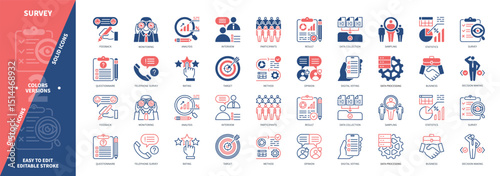 Survey icon set. Feedback, Business, Questionnaire, Analysis, Interview, Data Collection, Rating, Results. Duotone color solid and editable outline icons