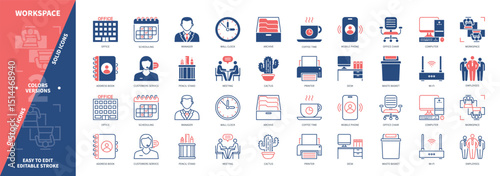 Workspace icon set. Office, Manager, Meeting, Printer, Desk, Address Book, Scheduling, Computer. Duotone color solid and editable outline icons