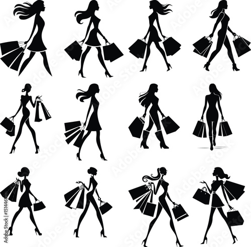 Woman Holding Shopping Bags Silhouette Set – Stylish Shopping Vector Pack Fashion Shopper Silhouette Bundle – Lady with Bags Clipart Collection