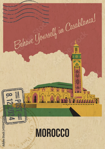 Morocco Tourist Attraction Postcard, Casablanca Hassan II Mosque Illustration. Vector Template Retro Style Greeting Card with handwriting wish. Postal Imprint, Aged Paper Texture