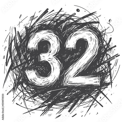 Vintage Hand-Drawn Sketch Style Number 32 Illustration – Typography Engraving for Numerical Design, Stickers, Label, and T-Shirts