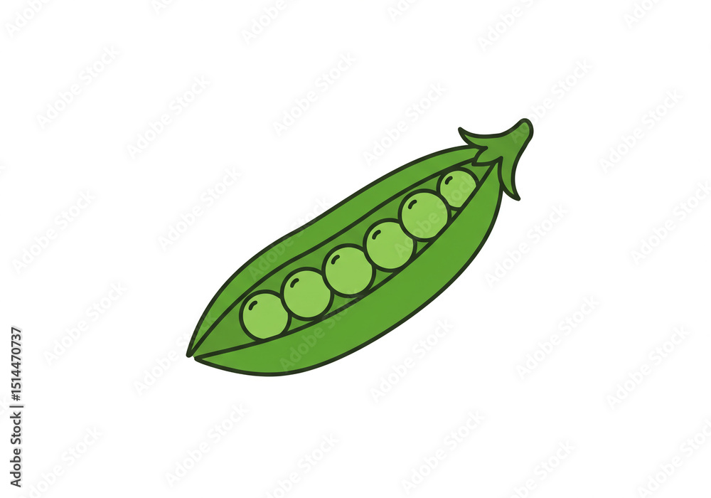 A cartoon illustration of a bright green pea pod with several round peas inside on a white background A cartoon illustration of a bright green pea pod with several round peas inside on a white background