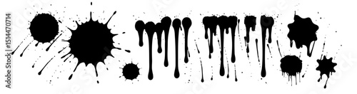 Ink Splatter and Dripping Paint Stains Elements in Grunge Style. Perfect for Urban Art, Graffiti, Abstract designs and Horoor decoration. Isolated on White Background. Vector Illustration.