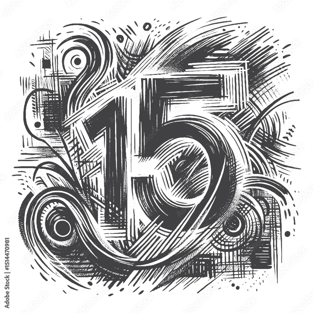 Obraz premium Vintage Hand-Drawn Sketch Style Number 15 Illustration – Typography Engraving for Numerical Design, Stickers, Label, and T-Shirts