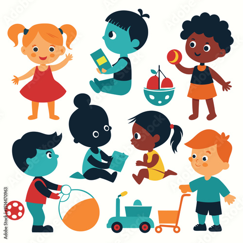 Diverse group of children playing with toys and reading books