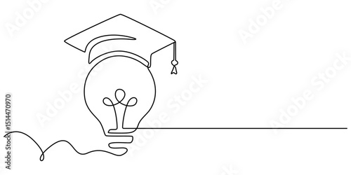 One single line drawing of light bulb wearing graduation hat logo identity. Smart education academy logotype icon template concept, Light bulb and graduation cap continuous line drawn. Creative smart.