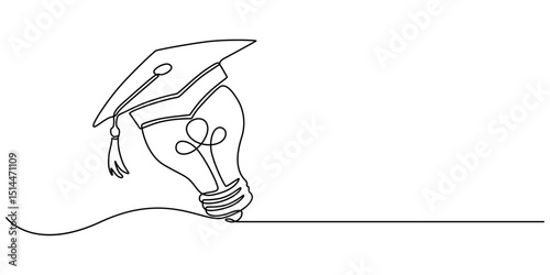 One single line drawing of light bulb wearing graduation hat logo identity. Smart education academy logotype icon template concept, Light bulb and graduation cap continuous line drawn. Creative smart.