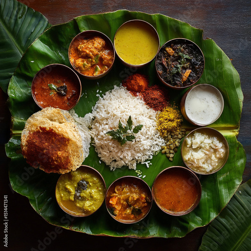 Overhead shot of traditional kerala sadhya meal served on banana leaf with various curries and rice