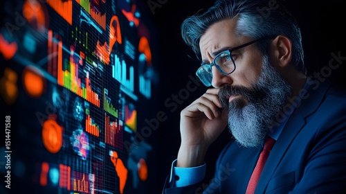 A pensive, mature man with a beard and glasses studies a vibrant holographic data display filled with charts and graphs