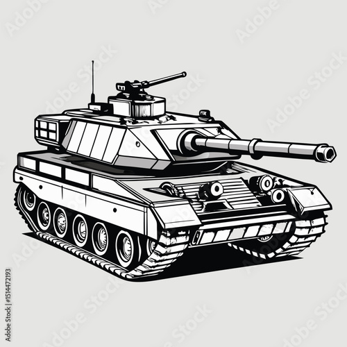 Monochrome Vector Illustration of a Modern Battle Tank on Light Background