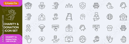 Charity and Donation set of web icons in line style. Volunteering and donation icons for web and mobile app. Help, caring, solidarity, alms, donate, volunteer, care, charity and more. Editable stroke