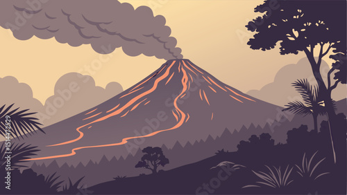 Volcanic Mountain at Twilight Vector Illustration with Dramatic Sky
