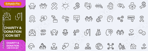 Charity and Donation set of web icons in line style. Volunteering and donation icons for web and mobile app. Help, caring, solidarity, alms, donate, volunteer, care, icon Set design