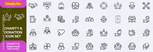 Charity and Donation set of web icons in line style. Volunteering and donation icons for web and mobile app. Help, caring, solidarity, alms, donate, volunteer, care, icon Set design