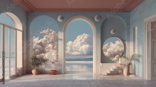poster for conceptual film | identity and illusion | philosophical calm | flat pastel tones | calm symmetry | eyeballs as sky | incongruent scale shifts | juxtaposition illusion | bourgeois domestic