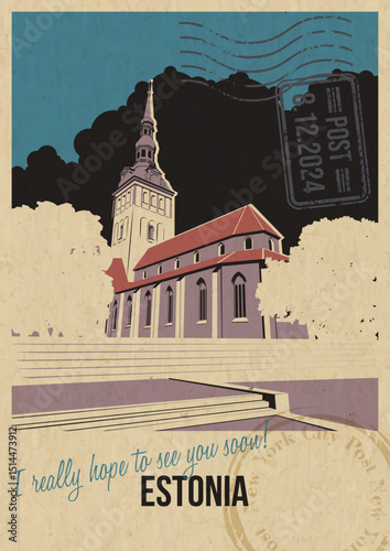 Estonia Tourist Attraction Postcard, Olaf Church Illustration. Vector Template Retro Style Greeting Card with handwriting wish. Postal Imprint, Aged Paper Texture