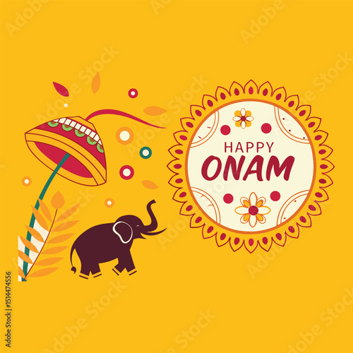 Happy Onam Celebration with Elephant, Boat and Floral Decorations
