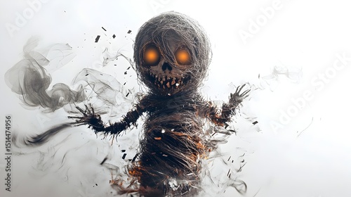 Cursed Ancient Voodoo Doll Surrounded by Ghostly Apparitions and Eerie Swirling Energy on White Halloween Background