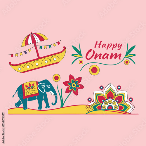 Happy Onam Celebration with Elephant, Boat and Floral Decorations
