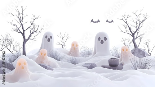 Haunting Halloween Alchemy Set Surrounded by Ghostly Apparitions and Eerie Mist