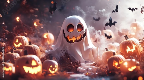 Haunting 3D of Cursed Demonic Idol Surrounded by Ghostly Apparitions and Eerie Black Mist