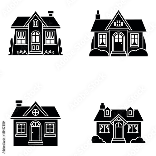 Set of black and white silhouette icons of classic suburban houses with gable roofs and front porches