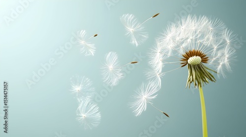 A dandelion clock dispersing seeds on a gentle breeze against a soft blue-green background.  The seeds are airborne, creating a sense of lightness and ephemerality