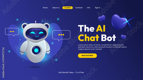 Colorful landing page with cute AI chatbot robot, speech bubbles, and glowing hearts. Modern futuristic UI concept for websites, apps, or digital technology promotion.