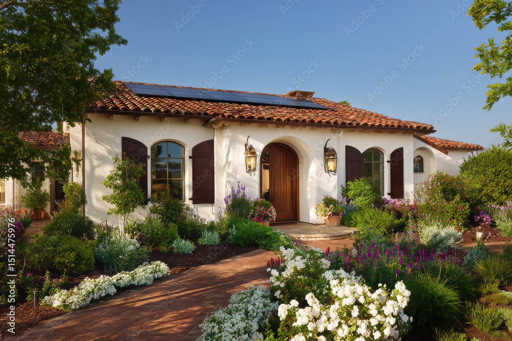 Fototapeta premium Mediterranean style home with solar panels and landscaped garden