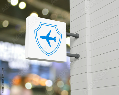 Airplane with shield icon on hanging white square signboard over blur light and shadow of shopping mall, Business travel insurance and safety concept, 3D rendering