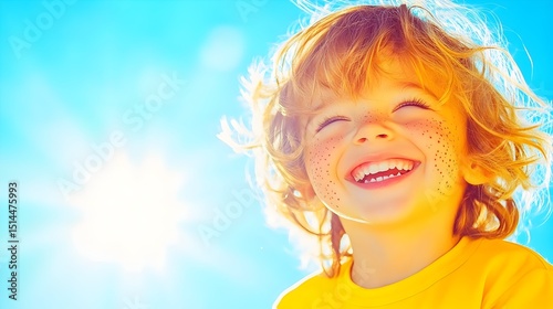 A joyful toddler with freckles laughs, backlit by a bright sun against a vibrant blue sky