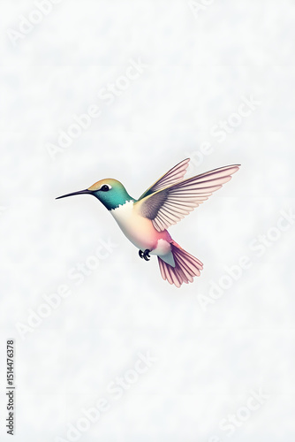 Hummingbird in Flight: A vibrant hummingbird with iridescent feathers gracefully hovers mid-air, showcasing its delicate wings and long beak, a symbol of nature's artistry and speed.