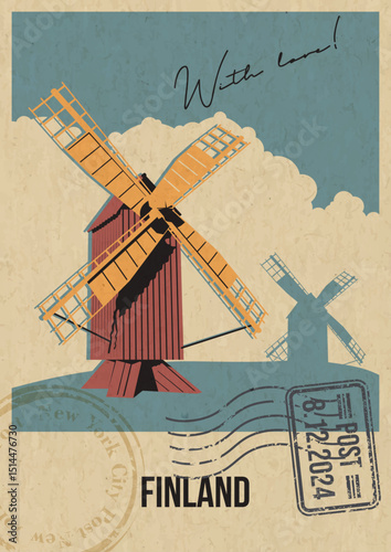 Finland Tourist Attraction Postcard, The Aland Islands Old Windmill Illustration. Vector Template Retro Style Greeting Card with handwriting wish. Postal Imprint, Aged Paper Texture