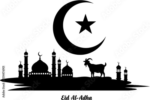 A black silhouette of a mosque goat and crescent moon with a star for Eid alAdha