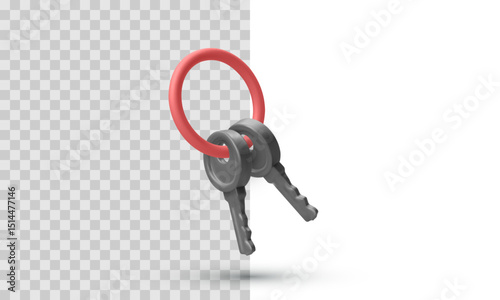 Two Metallic Keys On Red Keyring Rendered In Realistic 3D Style, Representing Security, Access, Or Property Protection. Clean Vector Illustration For Lock And Safety Concepts.