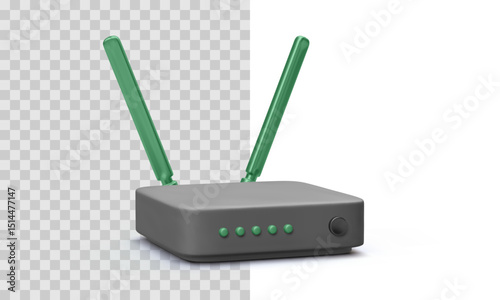 Wireless Router With Antennas Rendered In Realistic 3D Style, Representing Internet, Network, Or Wi-Fi Connection. Clean Vector Illustration For Digital, Tech, Or Online Concepts.