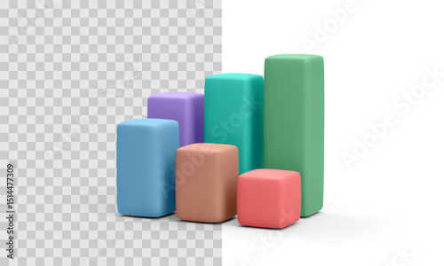 Colorful 3D Bar Chart With Rounded Blocks In Transparent Background. Abstract Business Graph For Data Visualization, Analytics Dashboard, And Financial Reports. Vector Illustration