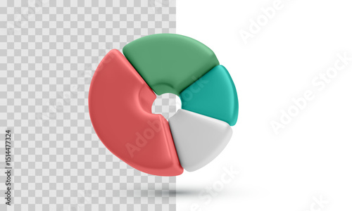 Round 3D Pie Chart With Four Segments In Red, Green, Teal, And White Floating In Air On Transparent Background. Perfect For Data Visualization, Reports, Or Infographics. Vector Illustration