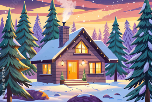 Cozy winter cabin nestled vector in a snowy forest glade illustration, with a warm glow emanating from its windows cartoon