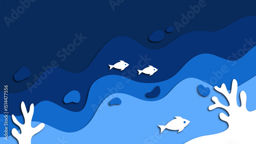 Blue water ocean ripple paper cut effect background. Abstract design for World oceans day. Sea Wave wallpaper with coral and fish