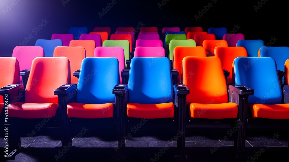 Fototapeta premium Vibrant, colorful auditorium seating in a darkened room, illuminated by a spotlight, showcasing rows of bright plastic chairs in various hues