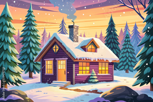 Cozy winter cabin nestled vector in a snowy forest glade illustration, with a warm glow emanating from its windows cartoon