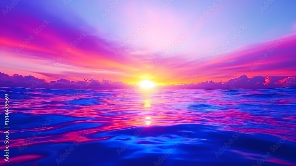 Obraz premium Vibrant sunrise over a calm ocean, reflecting vivid pink, purple, and blue hues in the water and sky, creating a surreal and peaceful atmosphere