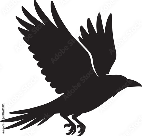 Raven silhouette in flight with flowing feathers