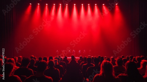 Spectators are gathered in a dimly lit venue, intently watching a performer on stage. The atmosphere is enhanced by striking red lights, creating an engaging ambiance during the event photo