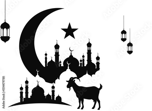 Silhouette art Mosque crescent star goat  lanterns