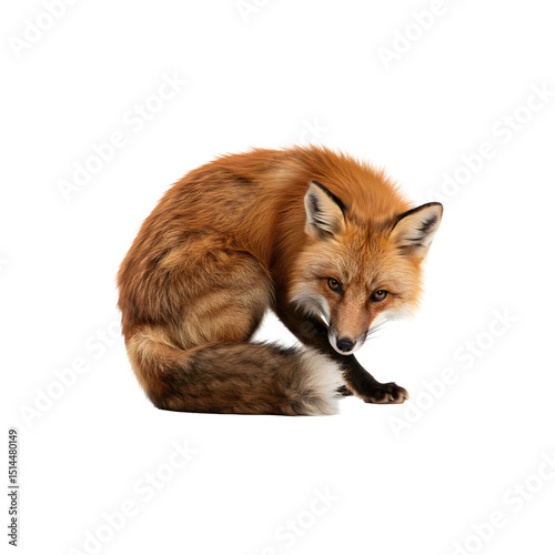 Orange fox lying down, appearing relaxed and observant.