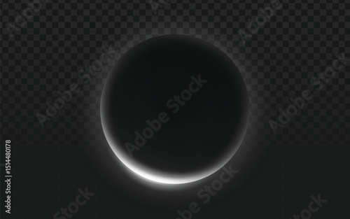 Minimalist vector illustration of a dark, full solar eclipse with a subtle white glowing corona on a transparent background, ideal for cosmic or scientific themes.