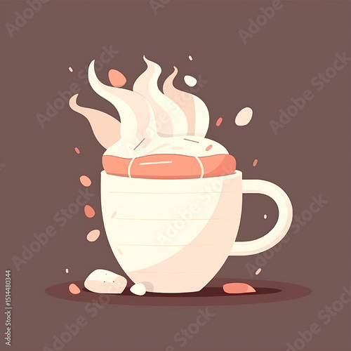 Artistic Action of a Steaming Hot Chocolate Drink in a Cozy Environment - Illustrative Design Featuring Whipped Cream and Marshmallows